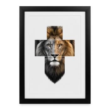 Lion avec Jésus Croix Religion chrétienne de Juda - Affiche encadrée (27 × 37 cm) - noir - Devant