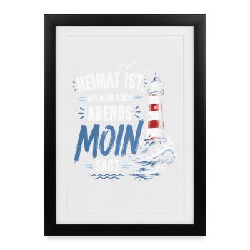 Heimat Moin Abend Leuchtturm - Gerahmtes Poster (27 × 37 cm) - Schwarz - Vorne