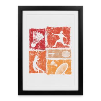 Joueur de badminton en action avec une raquette de badminton - Affiche encadrée (27 × 37 cm) - noir - Devant
