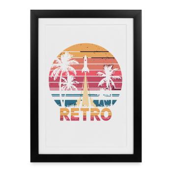 Retro Space Rocket Sonnenuntergang mit Palmen - Gerahmtes Poster (27 × 37 cm) - Schwarz - Vorne