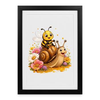 abeille, apiculteur, nid d’abeille, fleurs, insecte des prairies, - Affiche encadrée (27 × 37 cm) - noir - Devant