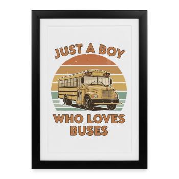 Boy Loves Buses – Design rétro de bus - Affiche encadrée (27 × 37 cm) - noir - Devant