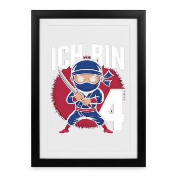 Ich bin 4 Geburtstag Ninja - Gerahmtes Poster (27 × 37 cm) - Schwarz - Vorne