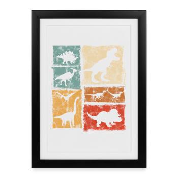 Graphisme de types de dinosaures rétro - Dinos mignons - Affiche encadrée (27 × 37 cm) - noir - Devant