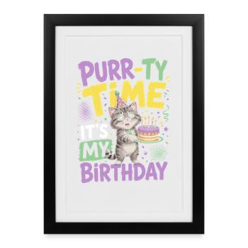 Ronronn-ty Temps Fête Chat Chapeau Anniversaire - Affiche encadrée (27 × 37 cm) - noir - Devant