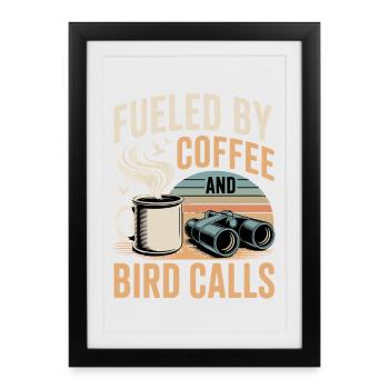 Café, chants d’oiseaux et jumelles - Affiche encadrée (27 × 37 cm) - noir - Devant