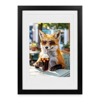 Fox with sunglasses at café - Framed poster (27 × 37 cm) - black - Front
