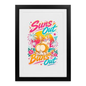 Corgi Plage Suns Out Buns Out | Humour Été Rétro - Affiche encadrée (27 × 37 cm) - noir - Devant