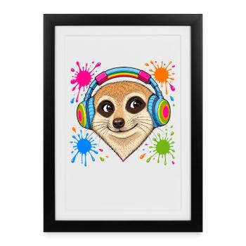 Suricate avec des écouteurs musicaux colorés - Affiche encadrée (27 × 37 cm) - noir - Devant