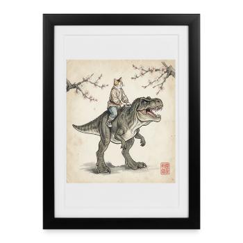 Cat with Dino Cherry Blossoms Japan Japanese Art - Framed poster (27 × 37 cm) - black - Front