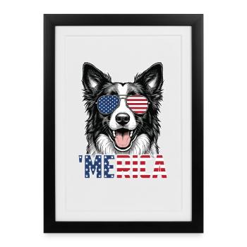 Merica Patriotic Border Collie Drapeau des États-Unis - Affiche encadrée (27 × 37 cm) - noir - Devant