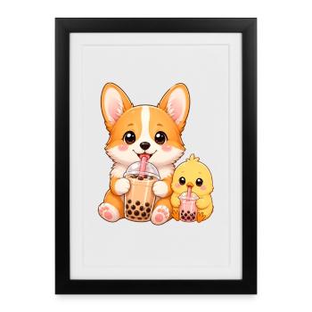 Duo mignon, chien Corgi, petit mignon - Affiche encadrée (27 × 37 cm) - noir - Devant