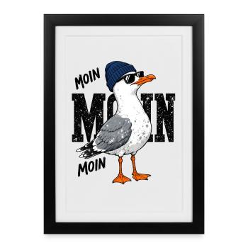 Coole Moin Möwe mit der Mütze und Sonnenbrille - Gerahmtes Poster (27 × 37 cm) - Schwarz - Vorne