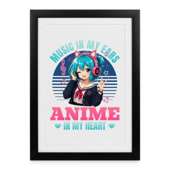 Anime et musique Chibi - Affiche encadrée (27 × 37 cm) - noir - Devant