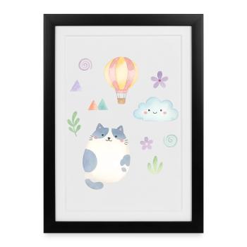 Cute Watercolor Cat and Hot Air Balloon - Framed poster (27 × 37 cm) - black - Front