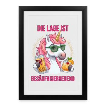 Die Lage ist besäufniserregend lustiger Einhorn - Gerahmtes Poster (27 × 37 cm) - Schwarz - Vorne