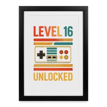 Niveau 16 Débloqué 16e anniversaire - Affiche encadrée (27 × 37 cm) - noir - Devant