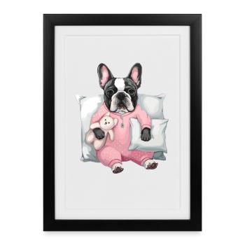 Bouledogue français en pyjama rose avec - Affiche encadrée (27 × 37 cm) - noir - Devant