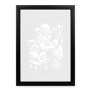 Chien de Cowboy Bière Bouledogue drôle - Affiche encadrée (27 × 37 cm) - noir - Devant
