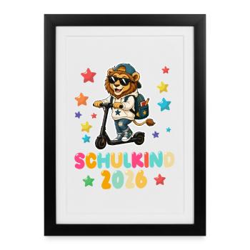 Einschulung Schulkind 2026 Junge Mädchen Löwe - Gerahmtes Poster (27 × 37 cm) - Schwarz - Vorne