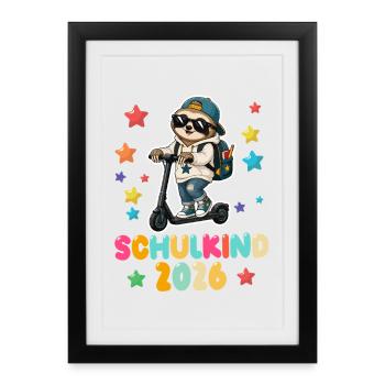 Einschulung Schulkind 2026 Junge Mädchen Faultier - Gerahmtes Poster (27 × 37 cm) - Schwarz - Vorne