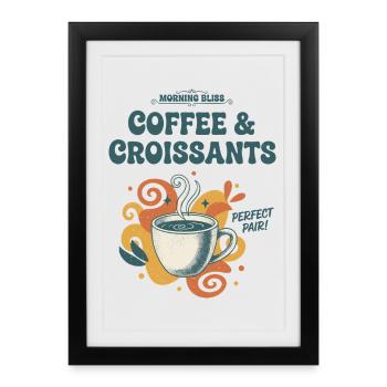Petit-déjeuner, bonheur du matin, café et croissants - Affiche encadrée (27 × 37 cm) - noir - Devant