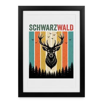 Ein Hirsch im Wald mit Vögel Natur Schwarzwald - Gerahmtes Poster (27 × 37 cm) - Schwarz - Vorne