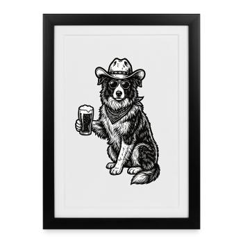 Chien de cow-boy Bière Border Collie drôle - Affiche encadrée (27 × 37 cm) - noir - Devant