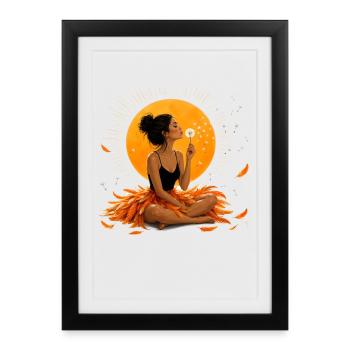 Meditating woman with dandelions under orange - Framed poster (27 × 37 cm) - black - Front