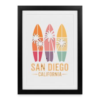 Surfer Palm Trees Retro San Diego - Affiche encadrée (27 × 37 cm) - noir - Devant