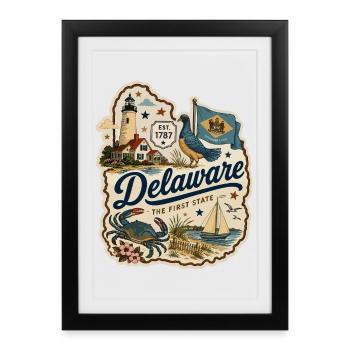Delaware : Le premier autocollant vintage de l’État - Affiche encadrée (27 × 37 cm) - noir - Devant