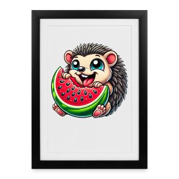 Cute hedgehog eating watermelon summer fruity - Framed poster (27 × 37 cm) - black - Front