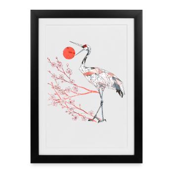 Héron géométrique avec des cerisiers en fleurs - Affiche encadrée (27 × 37 cm) - noir - Devant