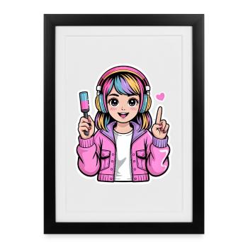 Kawaii girl with headphones - Framed poster (27 × 37 cm) - black - Front