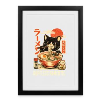 Hopless Ramentic - schwarze Katze isst Ramen - Gerahmtes Poster (27 × 37 cm) - Schwarz - Vorne