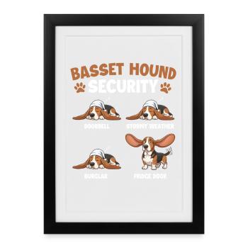 Basset Hound Sicherheit – Lustiger Hund Mama Hund Vater - Gerahmtes Poster (27 × 37 cm) - Schwarz - Vorne