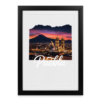 Puebla Sonnenuntergang Skyline Script - Gerahmtes Poster (27 × 37 cm) - Schwarz - Vorne