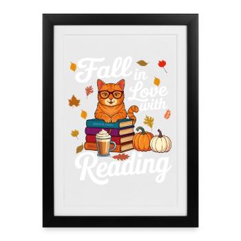 Cat Reading Books Autumn Pumpkin - Book Lover - Framed poster (27 × 37 cm) - black - Front