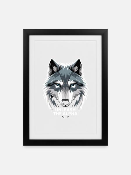 Unleash The Alpha Grauer Wolfskopf Für Gamer - Gerahmtes Poster (27 × 37 cm) - Schwarz