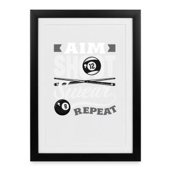 Aim Shoot Swear Repeat Lustiges Billard 9 Ball - Gerahmtes Poster (27 × 37 cm) - Schwarz - Vorne