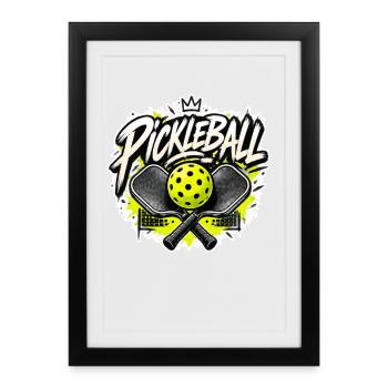 Pickleball Neon Yellow Splatter Crowned Script Art - Gerahmtes Poster (27 × 37 cm) - Schwarz - Vorne