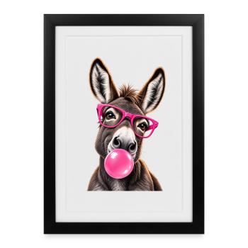 Âne Cool avec Lunettes Roses et Bubble Gum - Gerahmtes Poster (27 × 37 cm) - Schwarz - Vorne