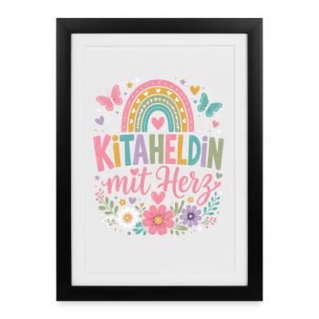  Kitaheldin Mit Herz Regenbogen Erzieherin Design - Gerahmtes Poster (27 × 37 cm) - Schwarz - Vorne