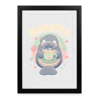 Manatea Niedlicher Manati Trinkt Tee Meerkuh - Gerahmtes Poster (27 × 37 cm) - Schwarz - Vorne