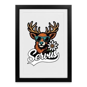 Servus Hirsch Sonnenbrille Bayern Tracht Geschenk - Gerahmtes Poster (27 × 37 cm) - Schwarz - Vorne