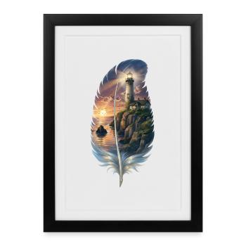 Feder mit Leuchtturm Meer Küste  - Gerahmtes Poster (27 × 37 cm) - Schwarz - Vorne