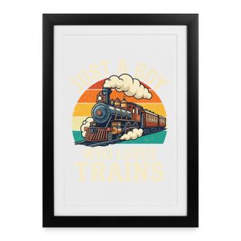 Just a Boy, der Züge liebt – Train Lover Railroad - Gerahmtes Poster (27 × 37 cm) - Schwarz - Vorne