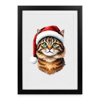 Weihnachtskatze mit rotem Hut - Gerahmtes Poster (27 × 37 cm) - Schwarz - Vorne