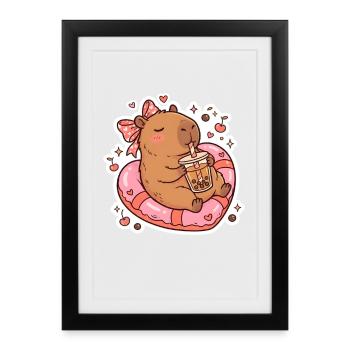 Süßes Capybara Mit Bubble Tea Kawaii Tier - Gerahmtes Poster (27 × 37 cm) - Schwarz - Vorne
