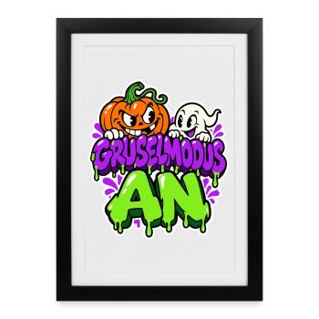 Gruselmodus An - Halloween Kürbis und Geist - Gerahmtes Poster (27 × 37 cm) - Schwarz - Vorne
